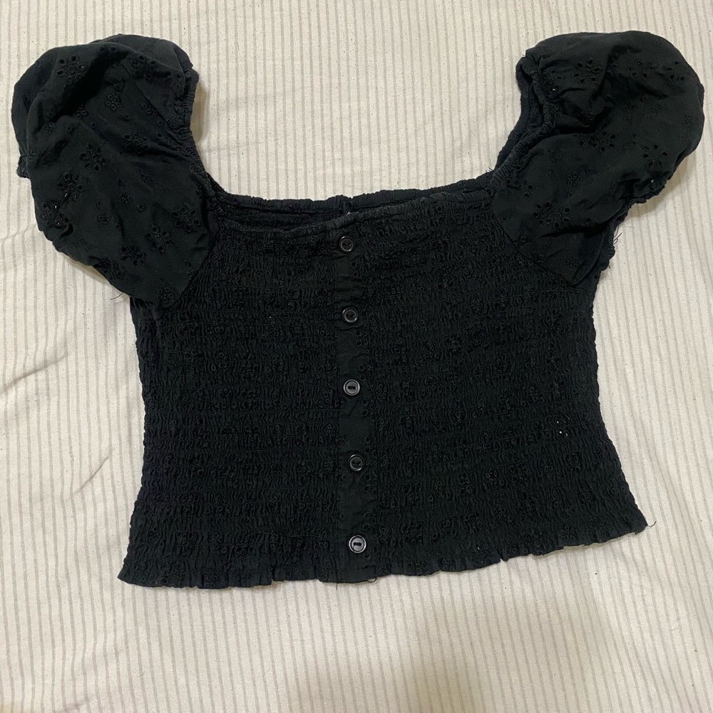 Black Puff Sleeve Button-Up Top